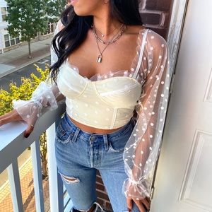 Sheer sleeve Polka dot crop top